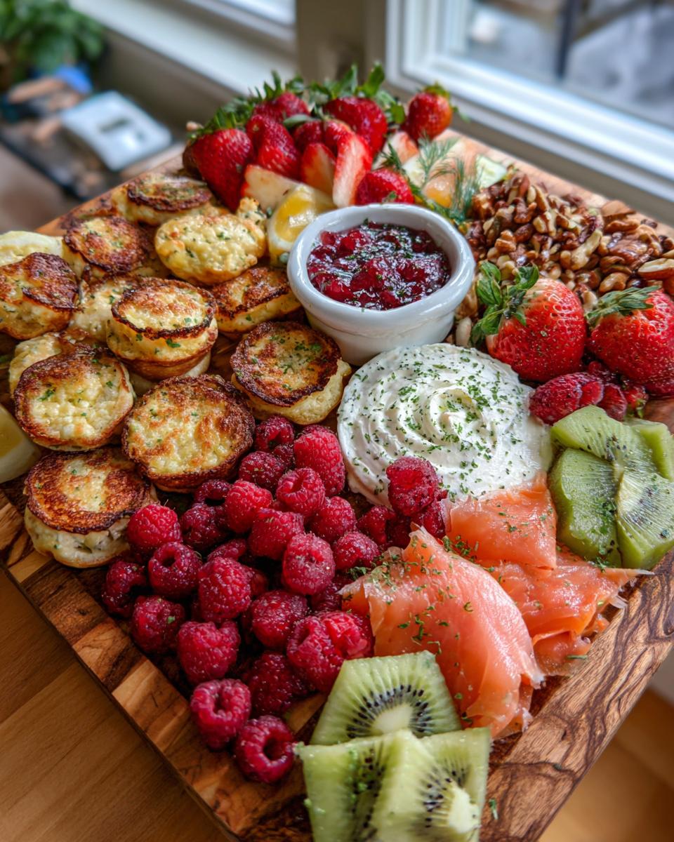 A vibrant Mother's Day brunch grazing board featuring mini pancakes, raspberries, smoked salmon, kiwi, and cream cheese dip.