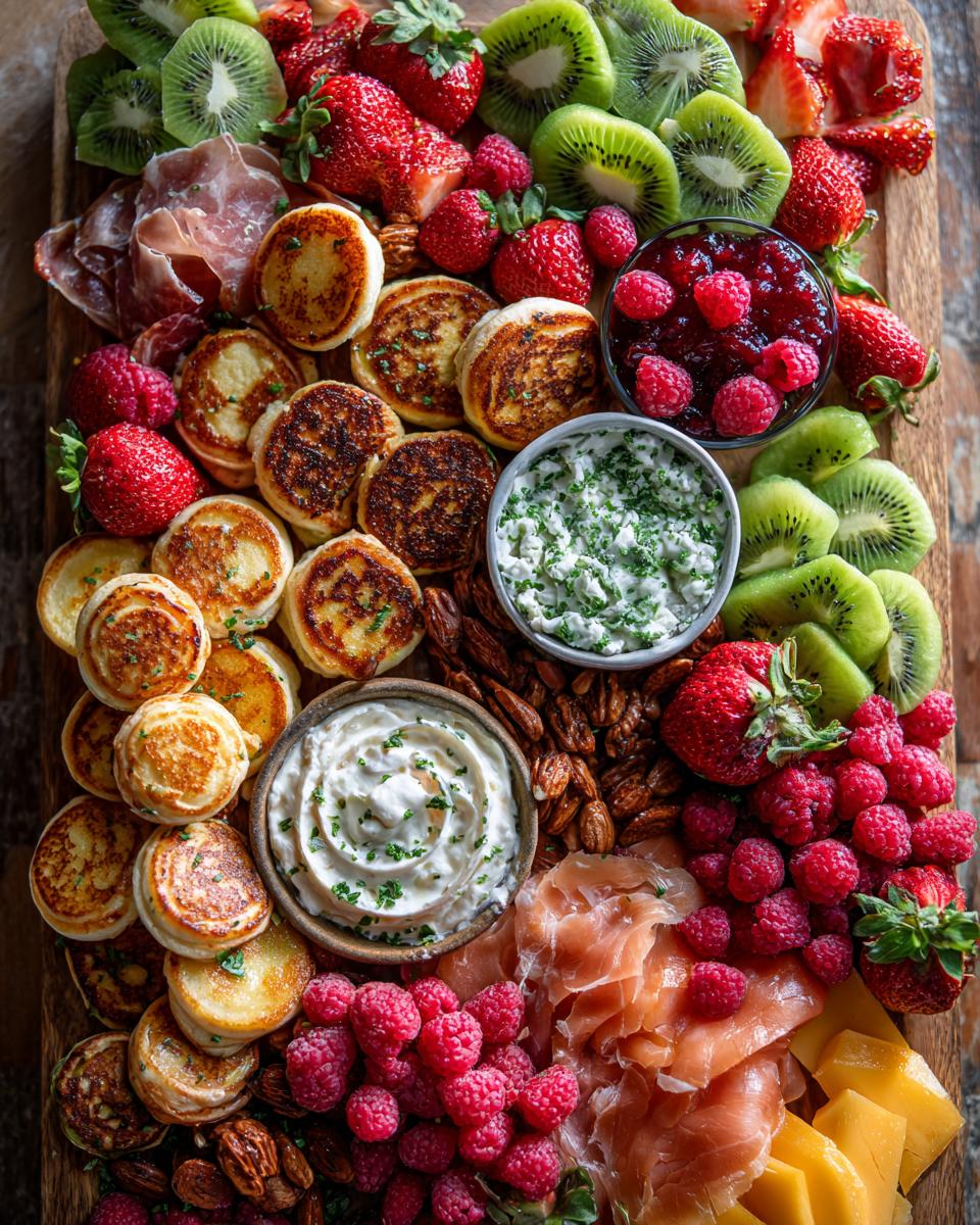 Overhead view of a Mother's Day brunch grazing board featuring mini pancakes, fresh berries, kiwi, prosciutto, and dips.