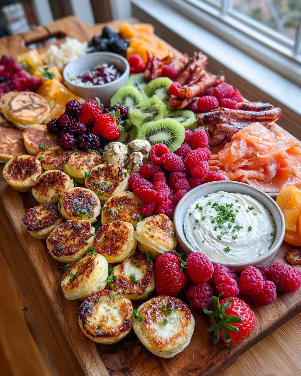 A beautiful Mother's Day brunch grazing board featuring mini pancakes, smoked salmon, cream cheese dip, and fresh berries.