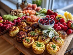 Close-up of mini potato bites, smoked salmon, berries, and cheese on a Mother's Day brunch grazing board.