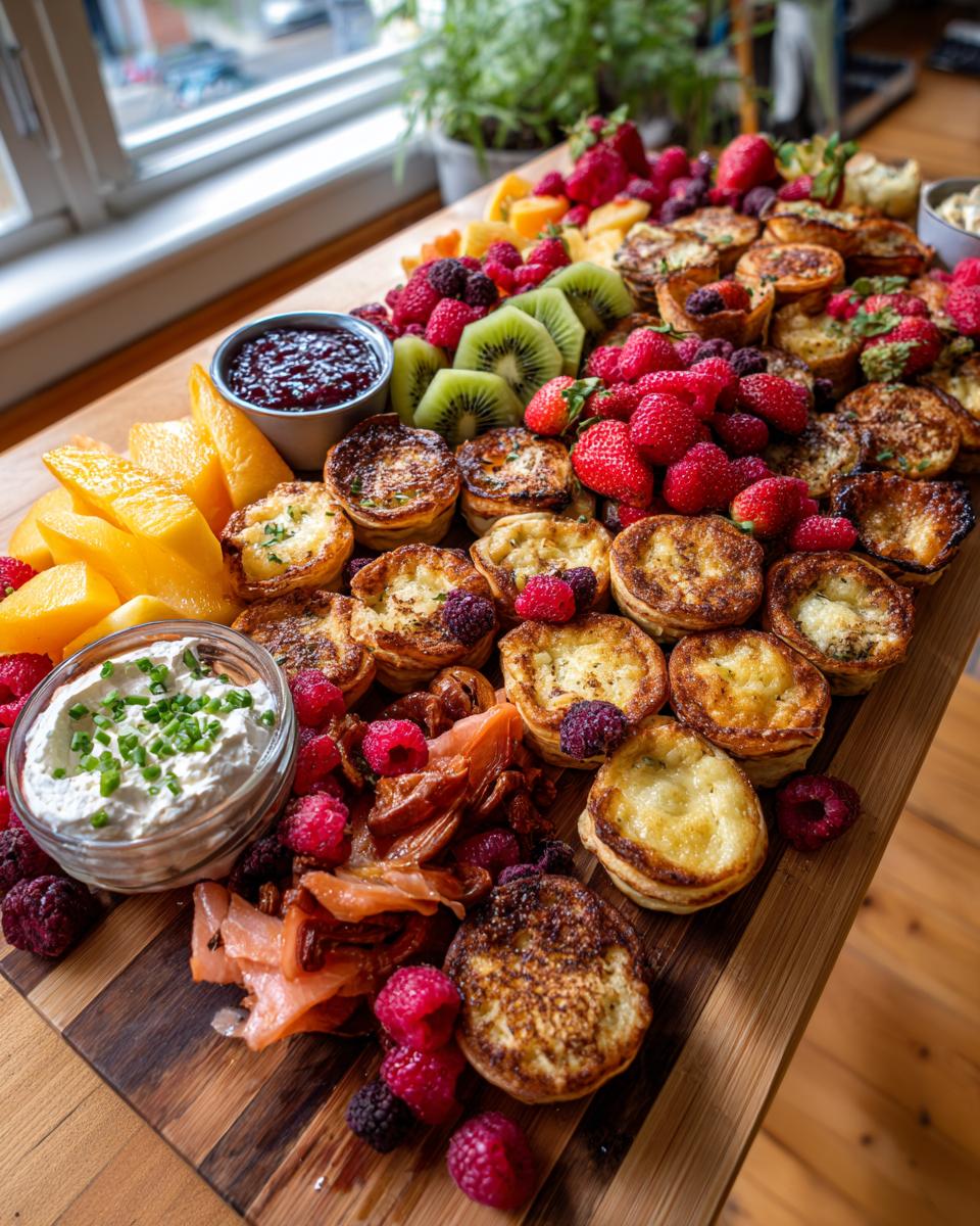 A beautiful Mother's Day brunch grazing board featuring mini quiches, fresh strawberries, raspberries, kiwi, mango, smoked salmon, and dips.
