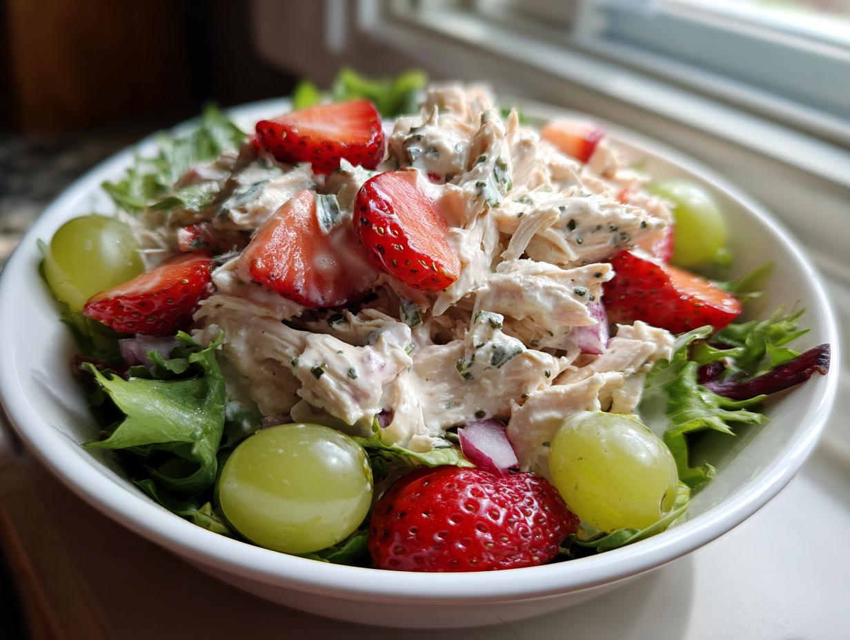 A close-up of homemade Panera strawberry poppyseed chicken salad served over greens with fresh strawberries and green grapes.