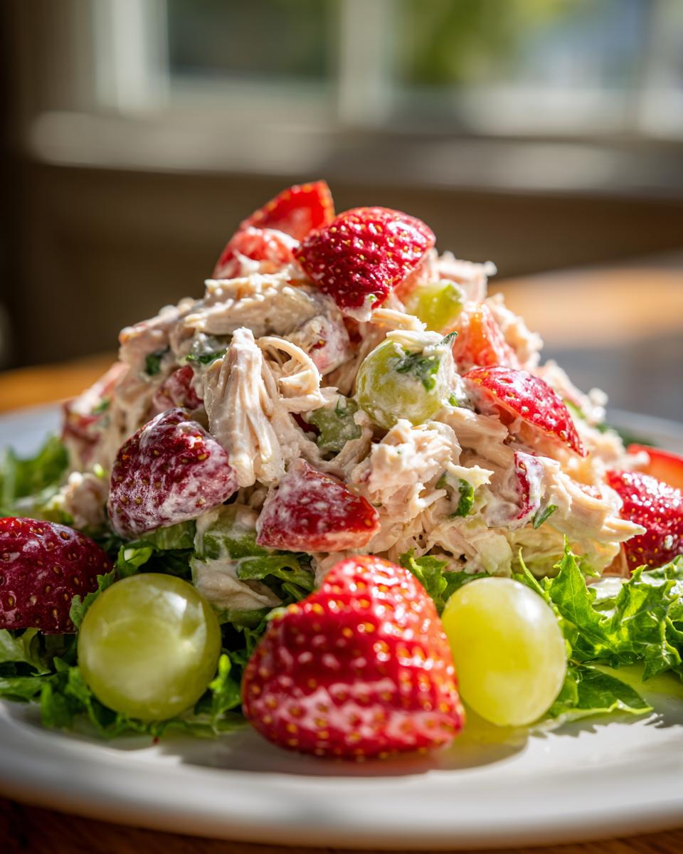 A generous serving of Panera strawberry poppyseed chicken salad mixed with strawberries and grapes, served over lettuce.