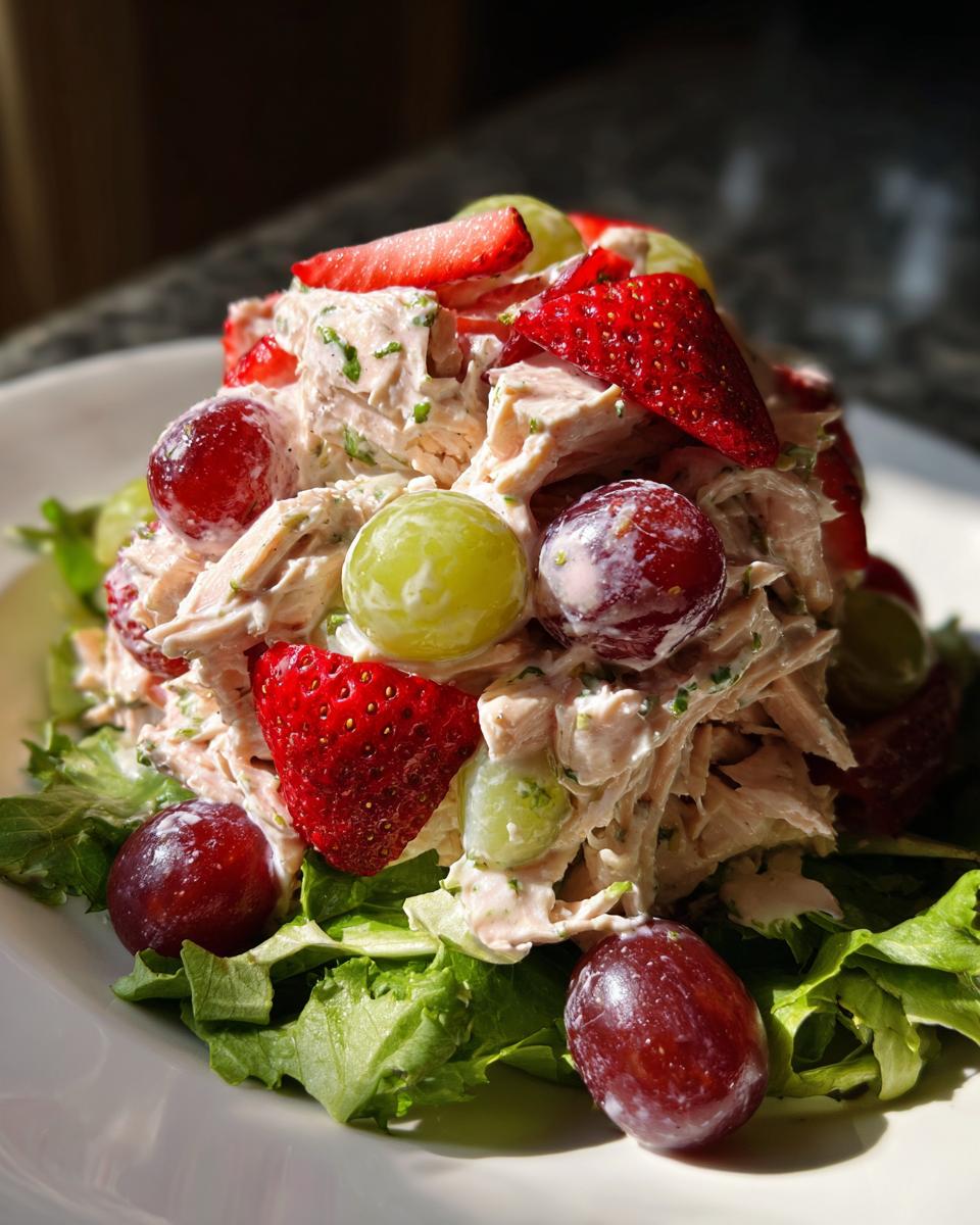A mound of creamy Panera strawberry poppyseed chicken salad topped with fresh strawberries and red/green grapes, served over lettuce.