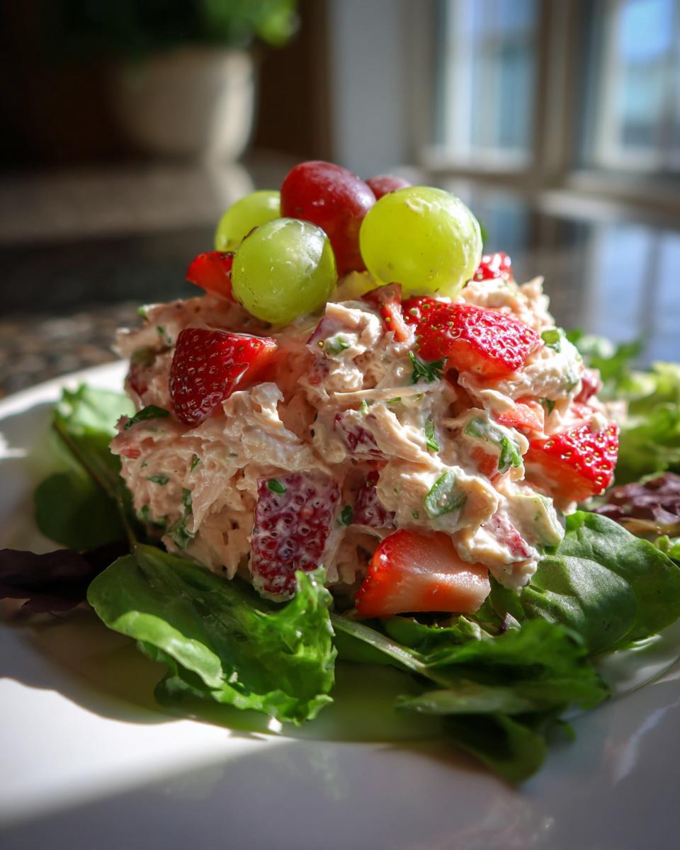 A scoop of Panera strawberry poppyseed chicken salad mixed with strawberries and topped with red and green grapes, served on lettuce.