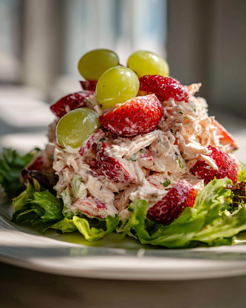 A mound of creamy Panera strawberry poppyseed chicken salad topped with fresh strawberries and green grapes on a bed of lettuce.