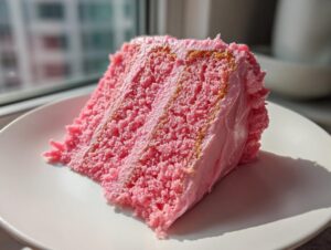 A vibrant slice of Pink lemonade cake with bright pink layers and pink frosting, sitting on a white plate.
