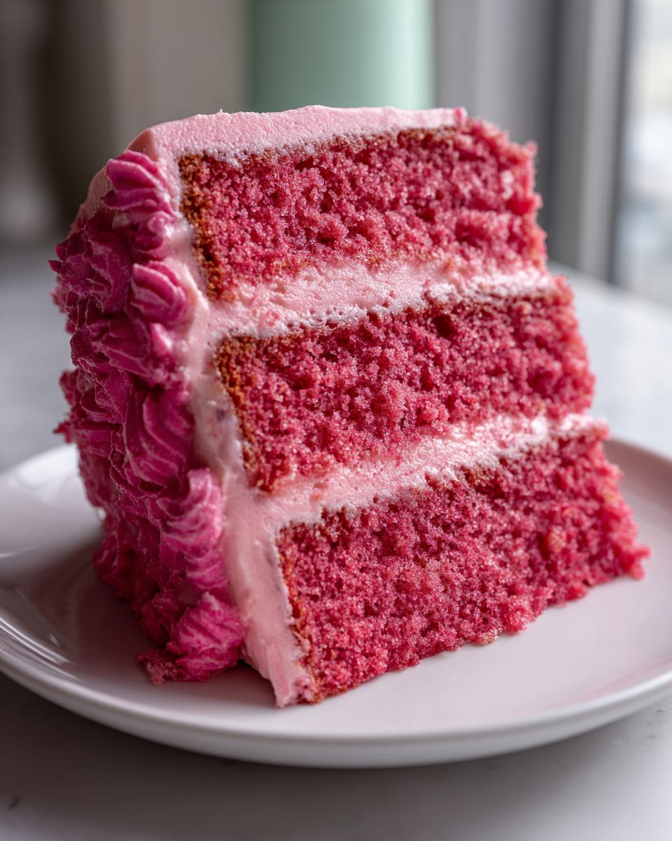 Close-up of a moist, three-layer slice of Pink Lemonade Cake with bright pink crumb and light pink frosting.