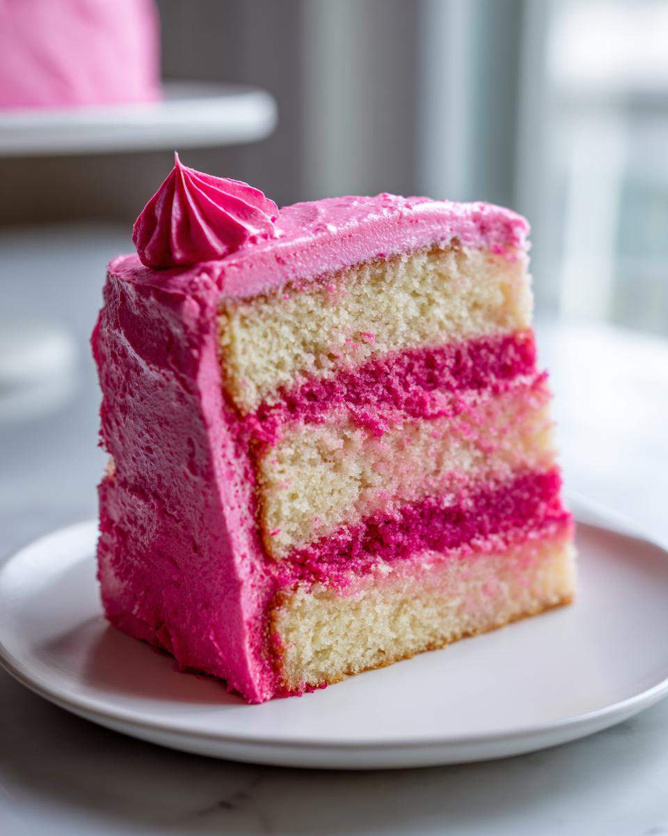A tall slice of Pink lemonade cake showing three layers of white cake separated by bright pink filling and covered in vibrant pink frosting.