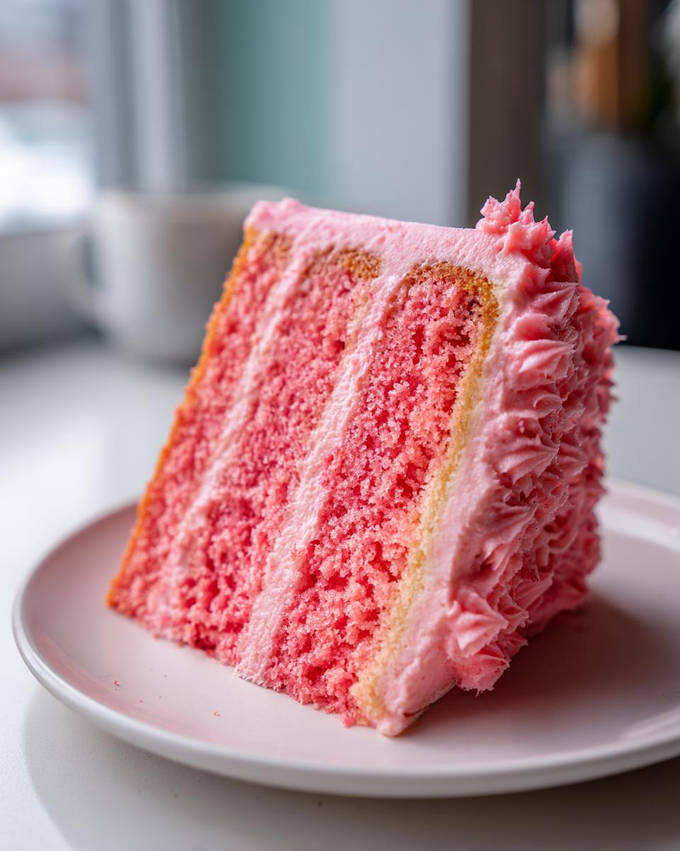 A tall, moist slice of pink lemonade cake featuring multiple pink layers and thick pink buttercream frosting.