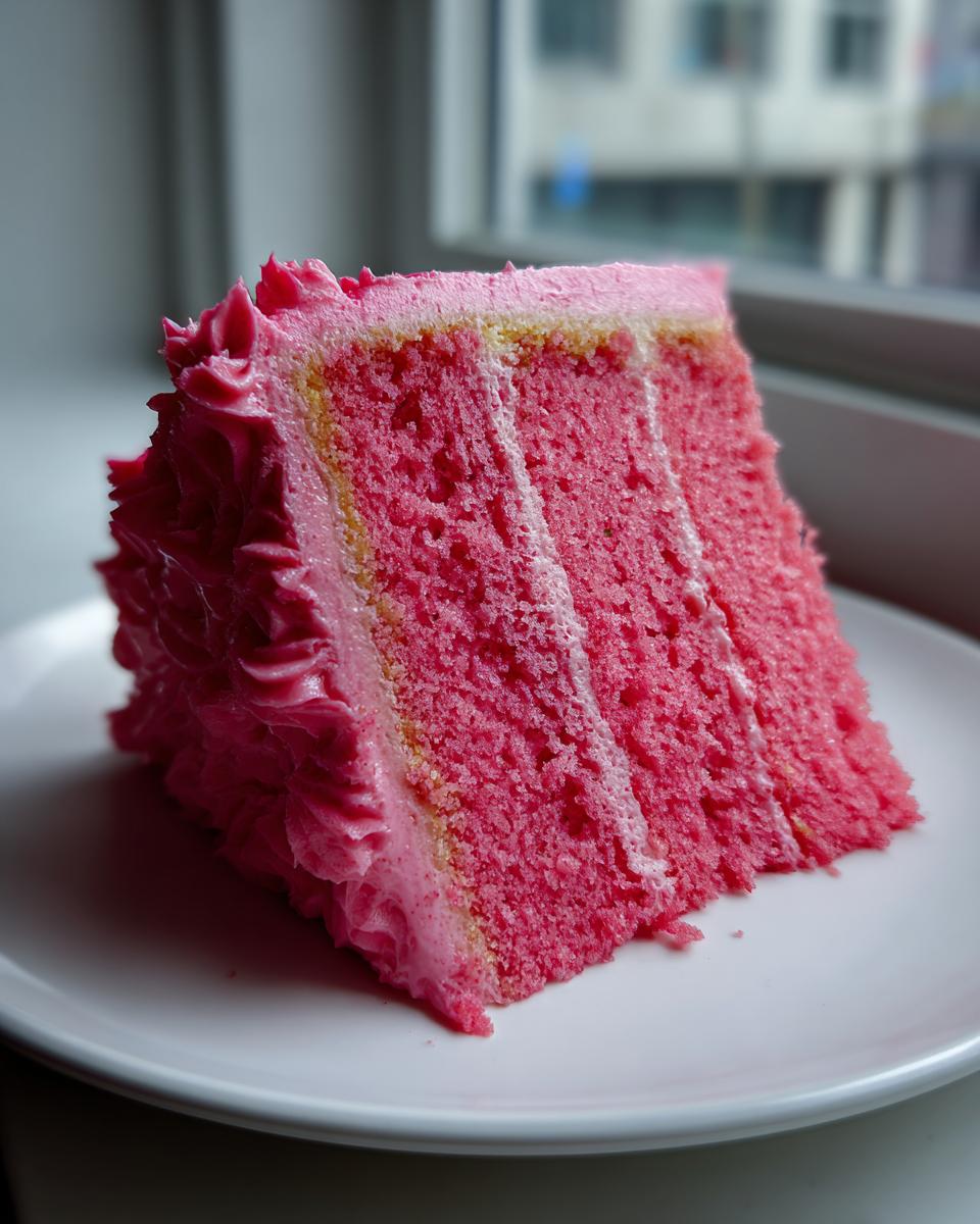 A tall, moist slice of vibrant Pink lemonade cake showing three layers of pink sponge and thick pink frosting.