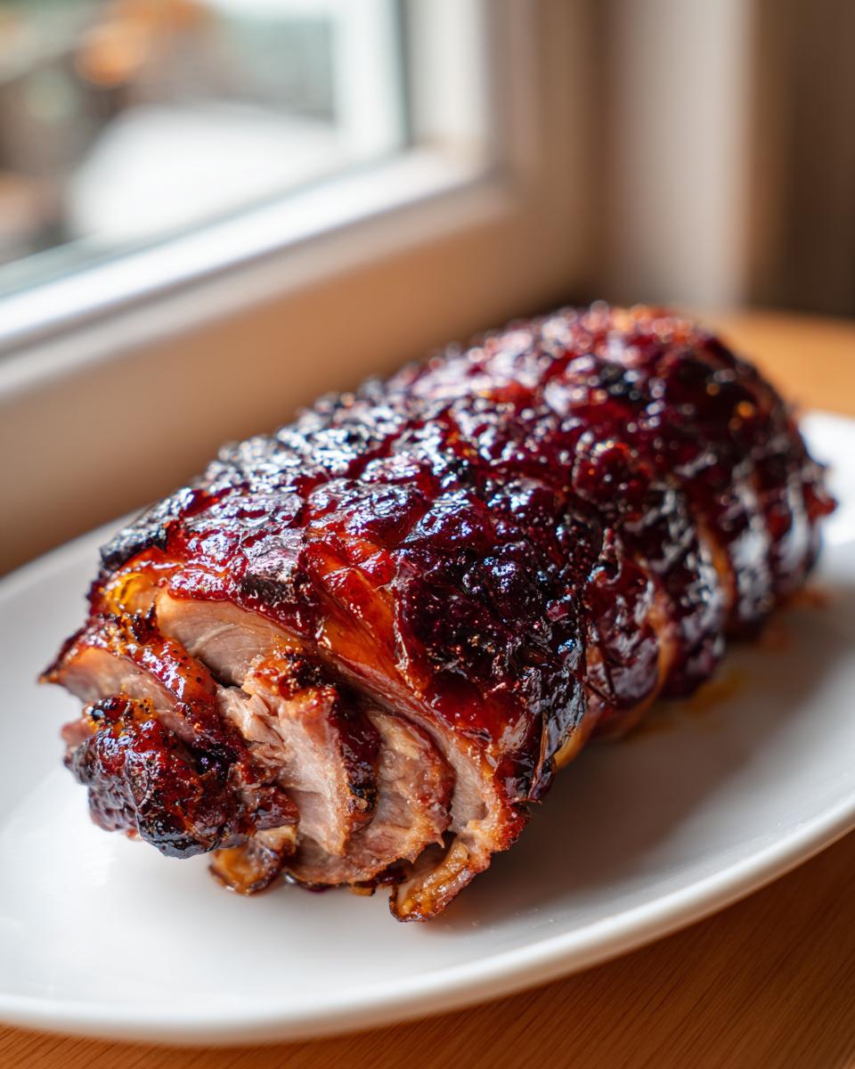A beautifully glazed and sliced Roasted Half Duck resting on a white platter near a window.