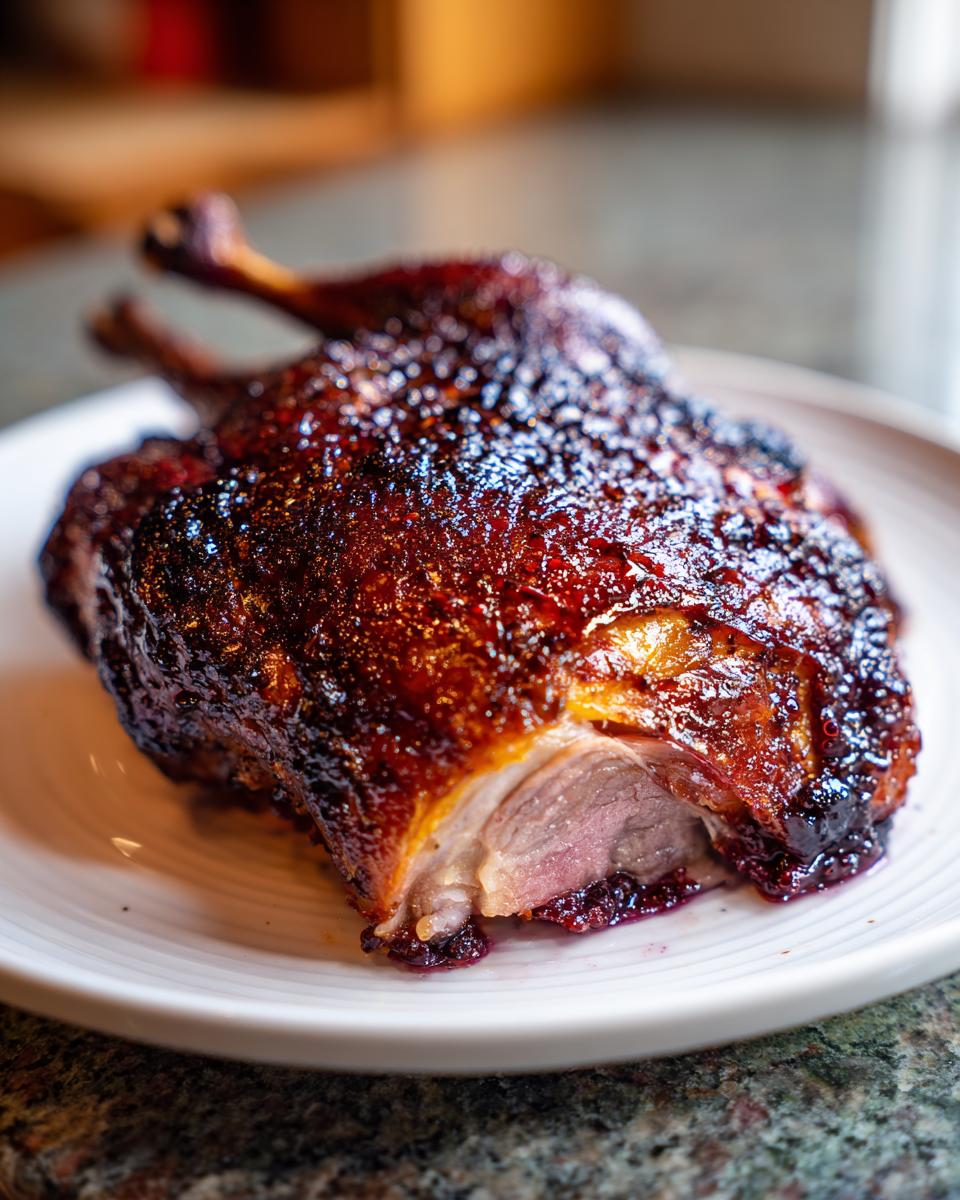 Close-up of a beautifully glazed Roasted half duck with crispy, dark skin and moist pink meat visible where it is cut.