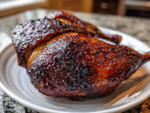 Close-up of a beautifully glazed and crispy Roasted half duck resting on a white plate.