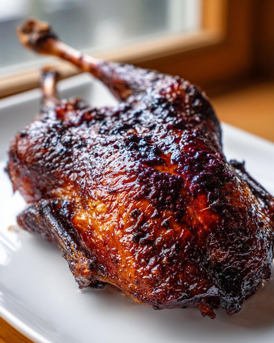 A close-up of a beautifully glazed and crispy Roasted half duck resting on a white serving platter.