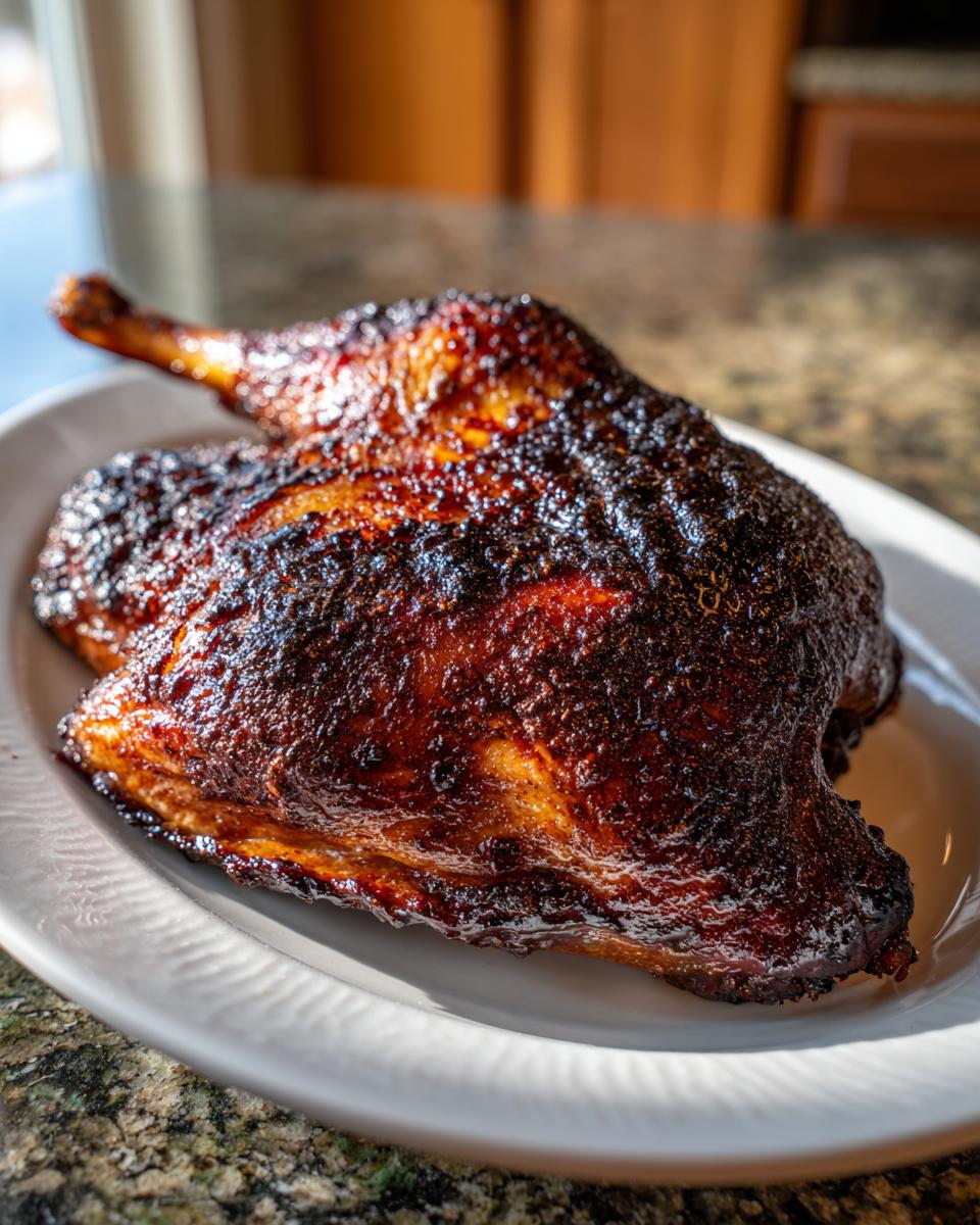 A close-up of a beautifully Roasted half duck with dark, caramelized, and crispy skin resting on a white platter.