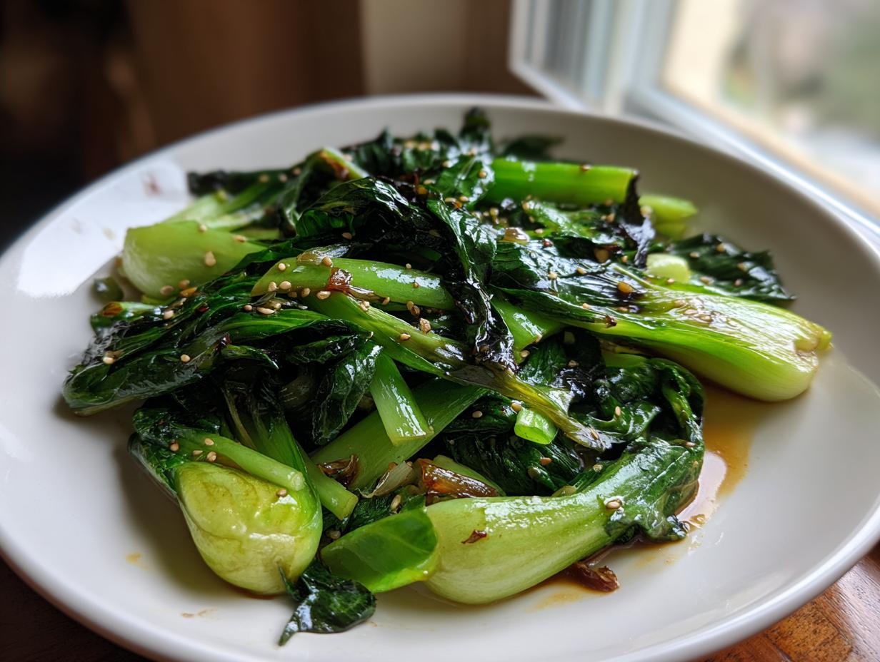 A close-up of glossy, vibrant green sautéed bok choy served on a white plate, sprinkled with sesame seeds.