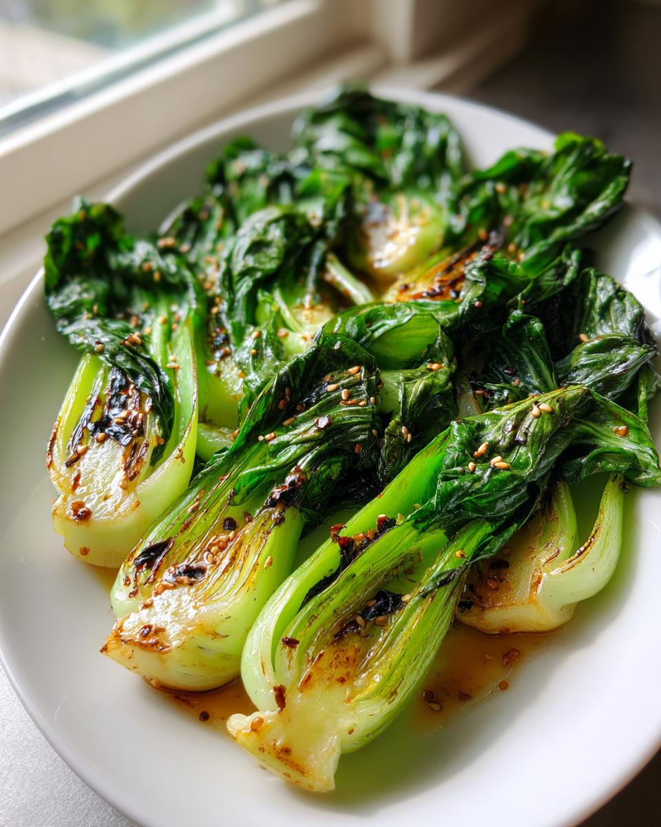 A close-up of vibrant green, halved sautéed bok choy drizzled with sauce and sprinkled with sesame seeds.