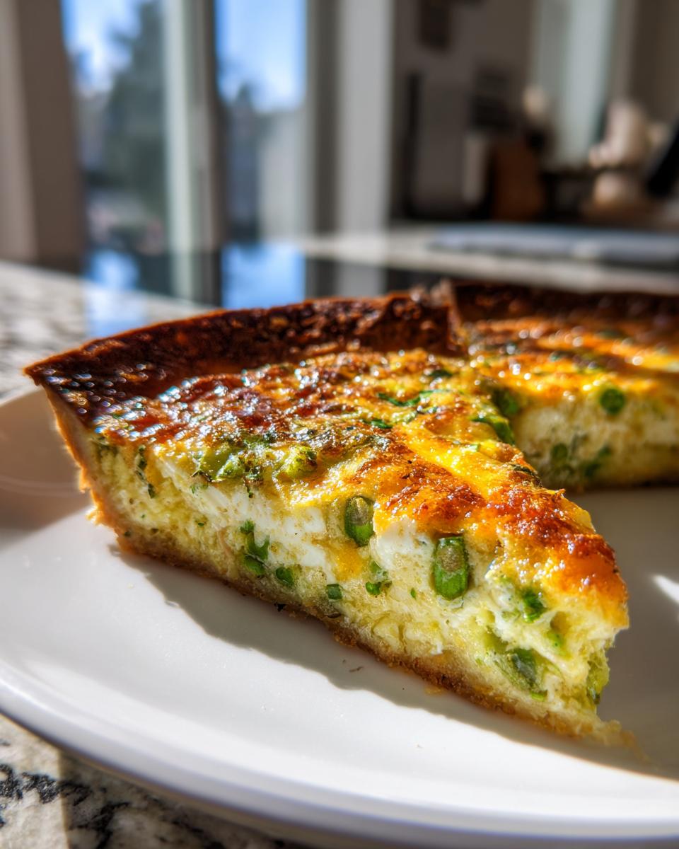 A close-up slice of amazing asparagus quiche with a golden-brown, cheesy top, served on a white plate.
