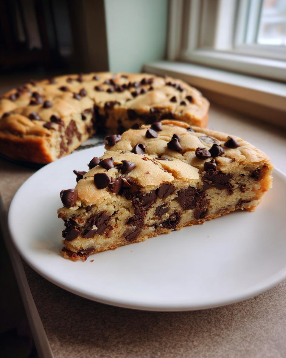 A thick slice of Chocolate chip cookie cake with abundant melted chips served on a white plate.