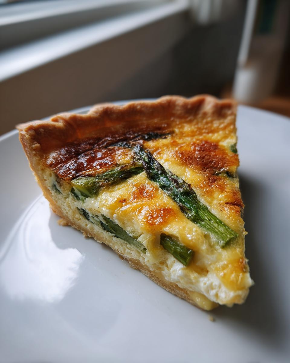 A close-up slice of golden brown Asparagus quiche featuring visible green asparagus spears in a creamy, cheesy filling.