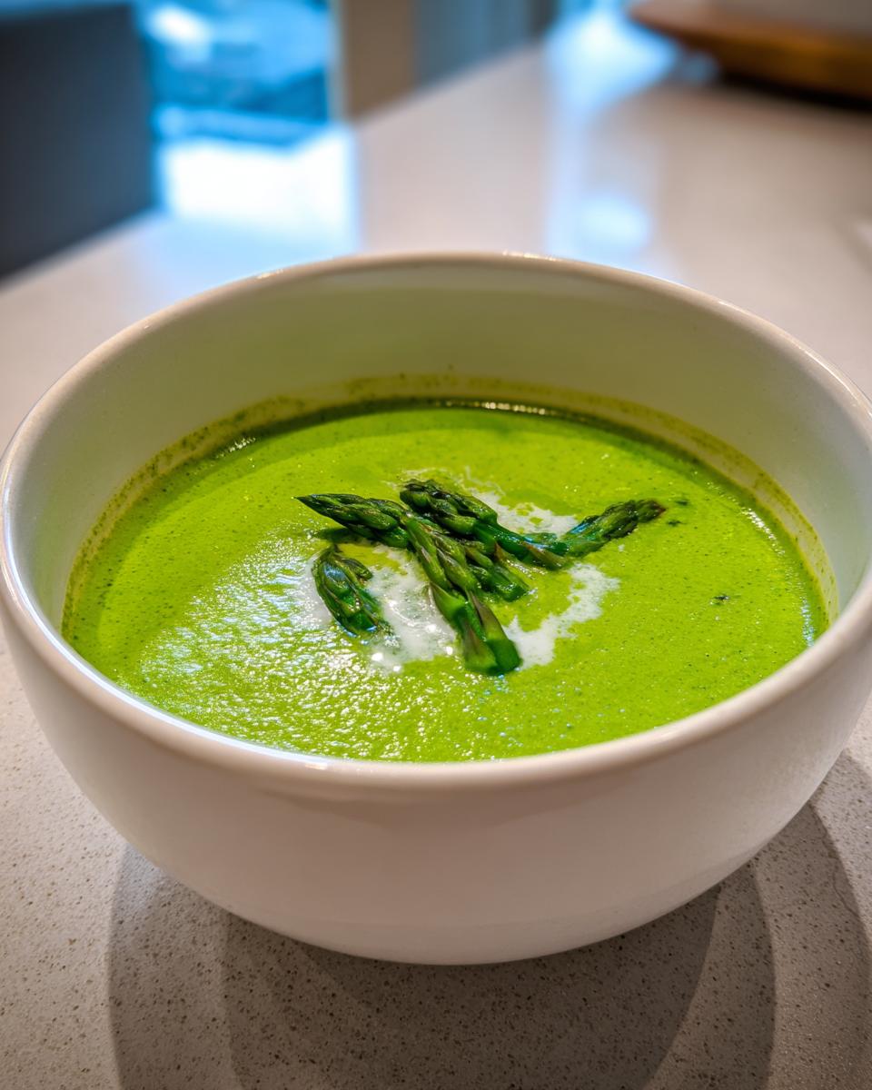 A close-up of a white bowl filled with vibrant green Spring asparagus soup, topped with cooked asparagus tips and a swirl of cream.