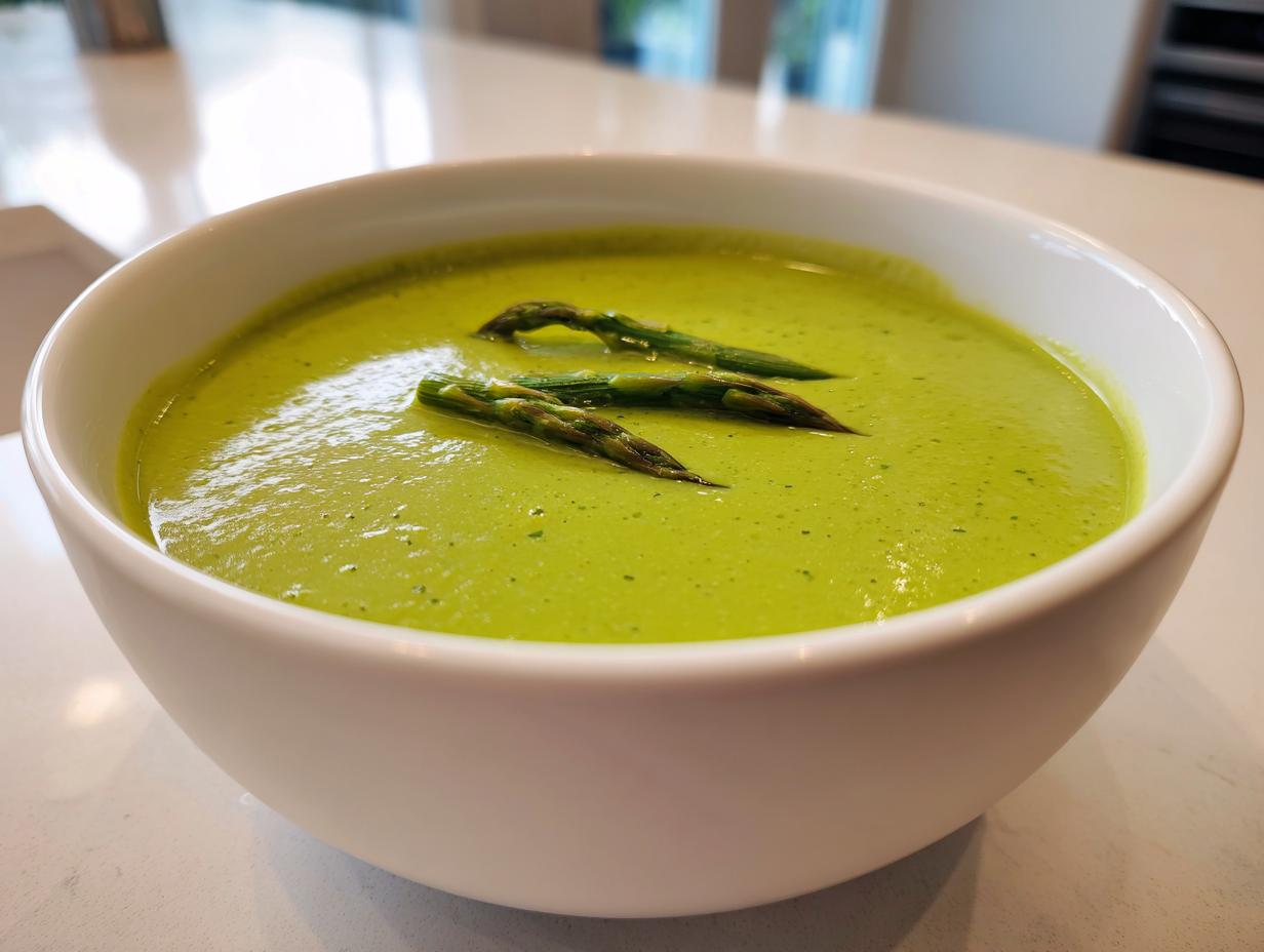 Close-up of a vibrant green bowl of creamy Spring asparagus soup garnished with three asparagus tips.