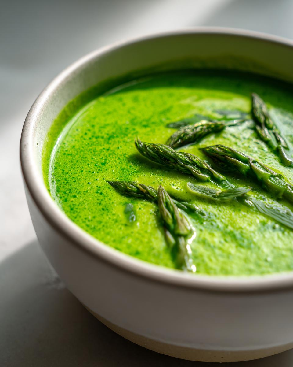 Close-up of a vibrant green bowl of Spring asparagus soup topped with tender asparagus tips.