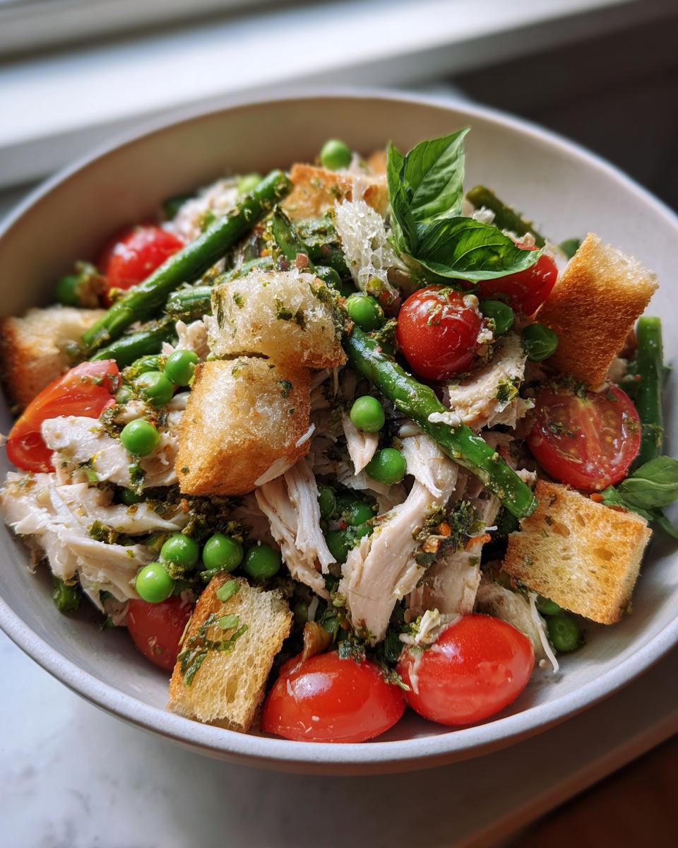 A bowl filled with Spring chicken panzanella salad featuring shredded chicken, cherry tomatoes, green beans, peas, croutons, and basil.