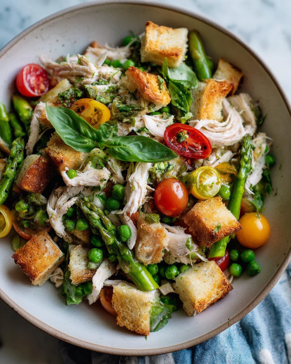 A vibrant bowl of Spring chicken panzanella salad featuring shredded chicken, croutons, asparagus, peas, and cherry tomatoes.