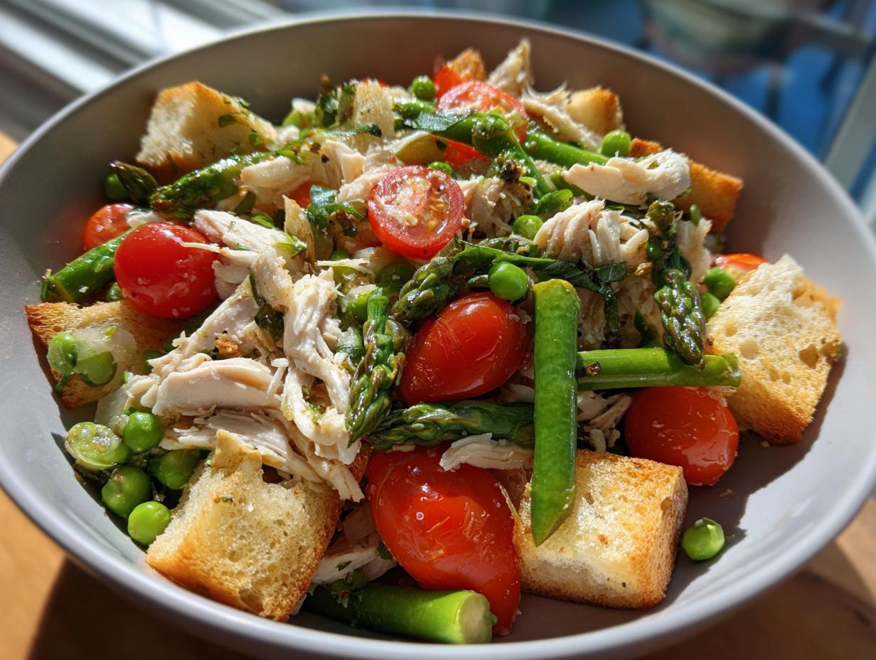 Close-up of a vibrant Spring chicken panzanella salad featuring shredded chicken, cherry tomatoes, asparagus, peas, and croutons.