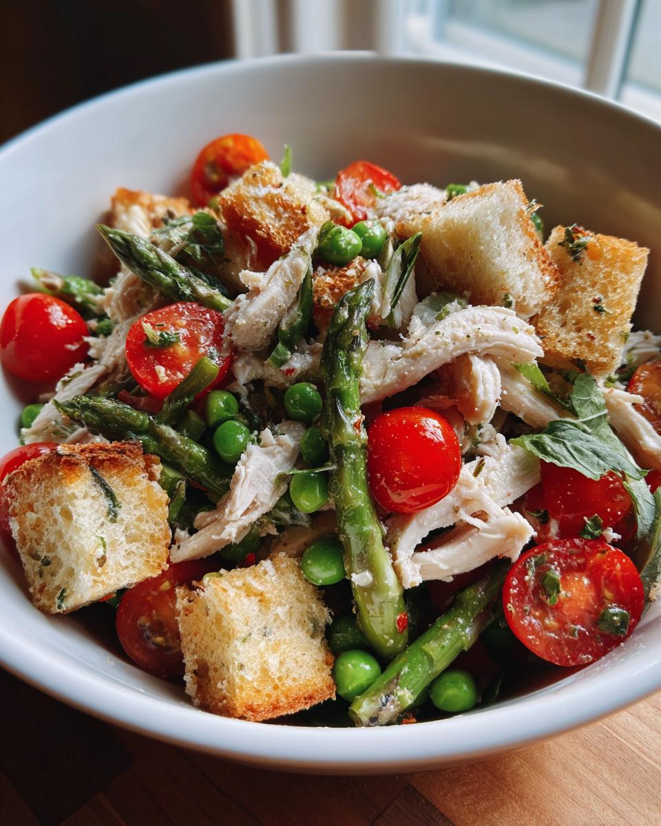 A close-up of a vibrant Spring chicken panzanella salad featuring shredded chicken, asparagus, peas, cherry tomatoes, and croutons in a white bowl.