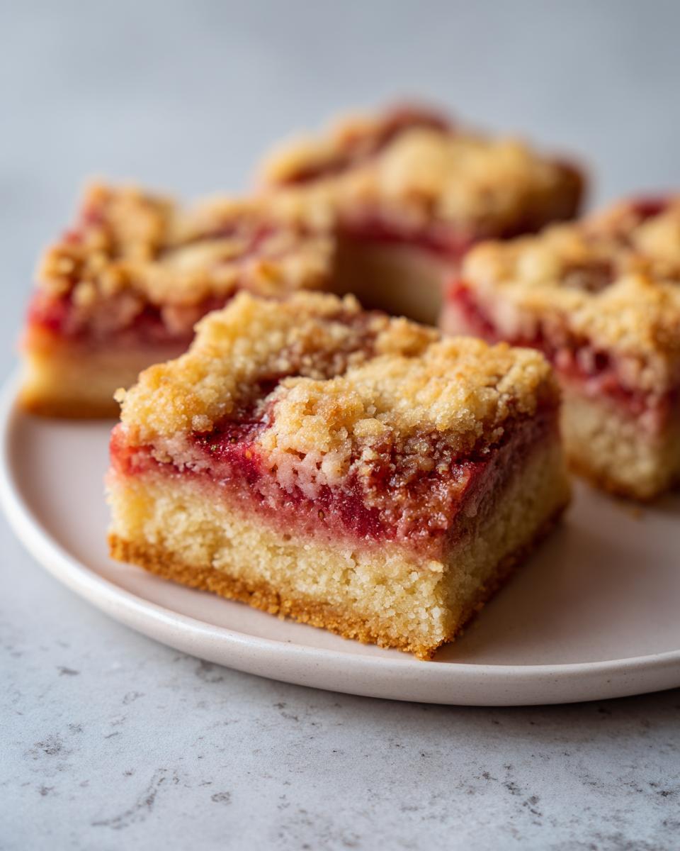 A close-up of a square of strawberry rhubarb bars with a thick crumble topping served on a light plate.