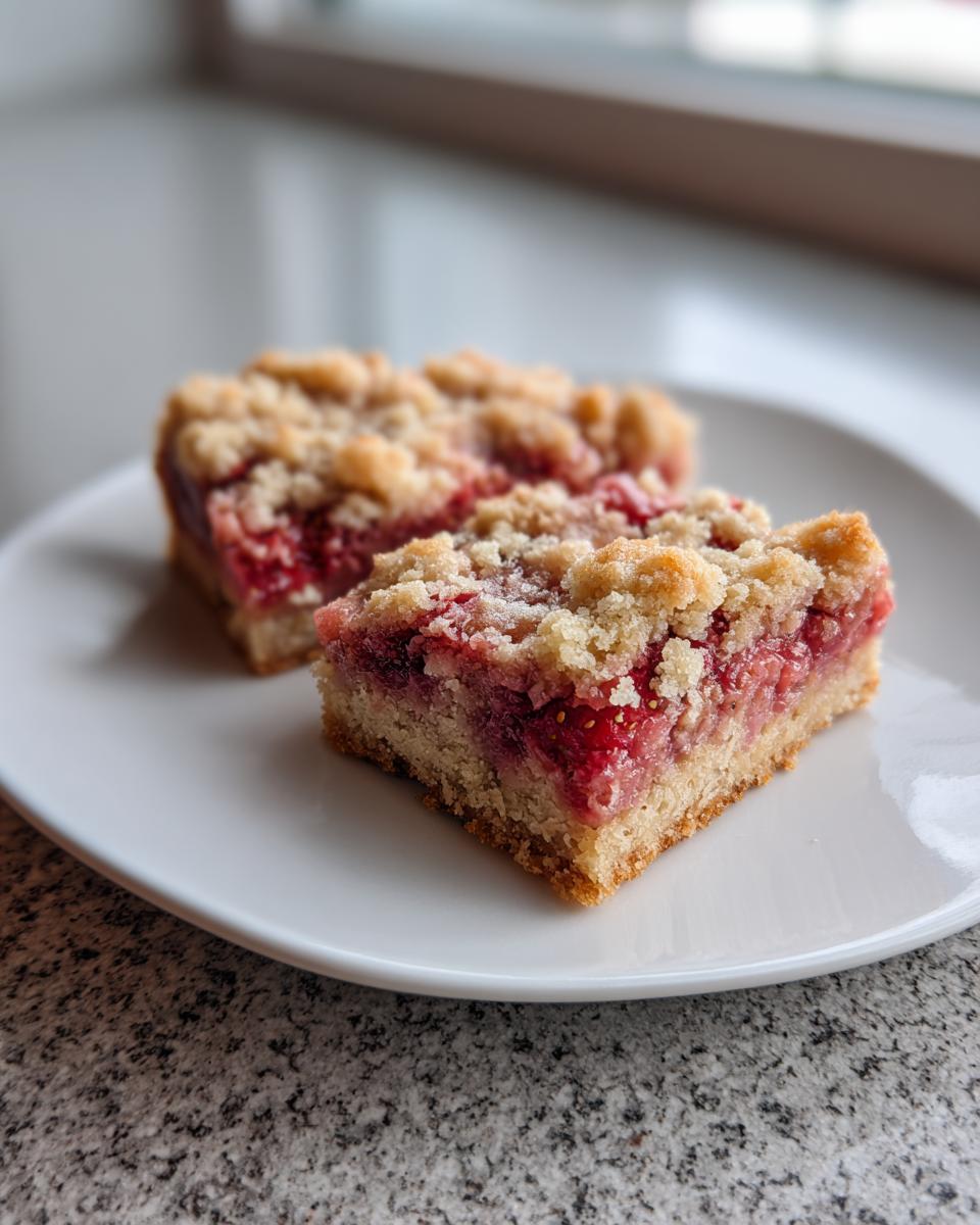 Two delicious strawberry rhubarb bars with a thick, crumbly topping served on a white plate.