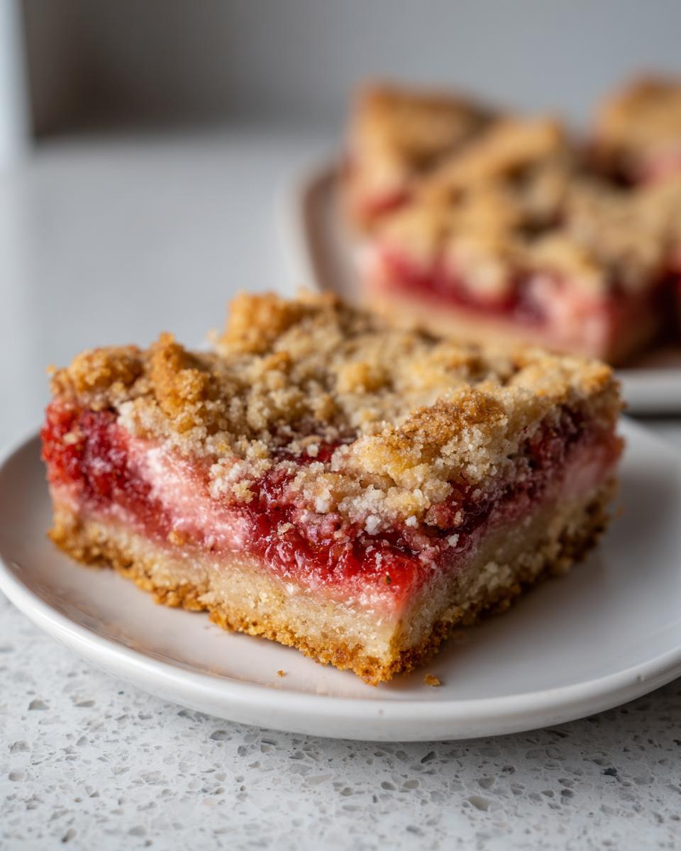 A close-up of a single serving of Strawberry rhubarb bars with a thick, crumbly topping and bright red fruit filling.