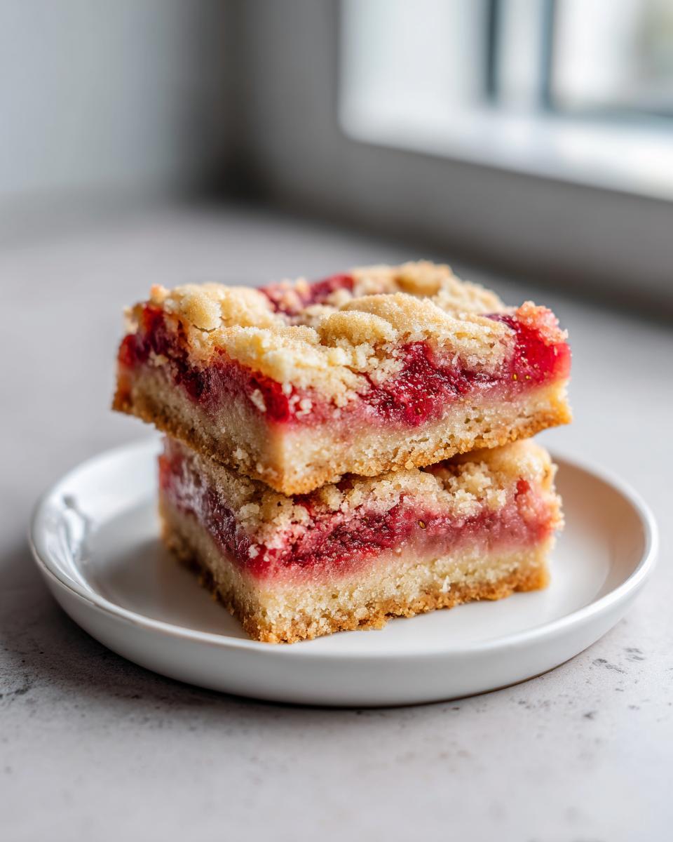 Two stacked squares of delicious strawberry rhubarb bars featuring a buttery crust and crumb topping.