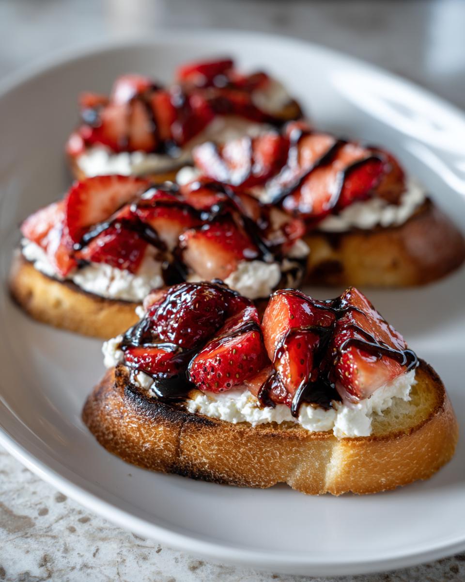 Close-up of three pieces of strawberry ricotta bruschetta topped with balsamic glaze on a white plate.