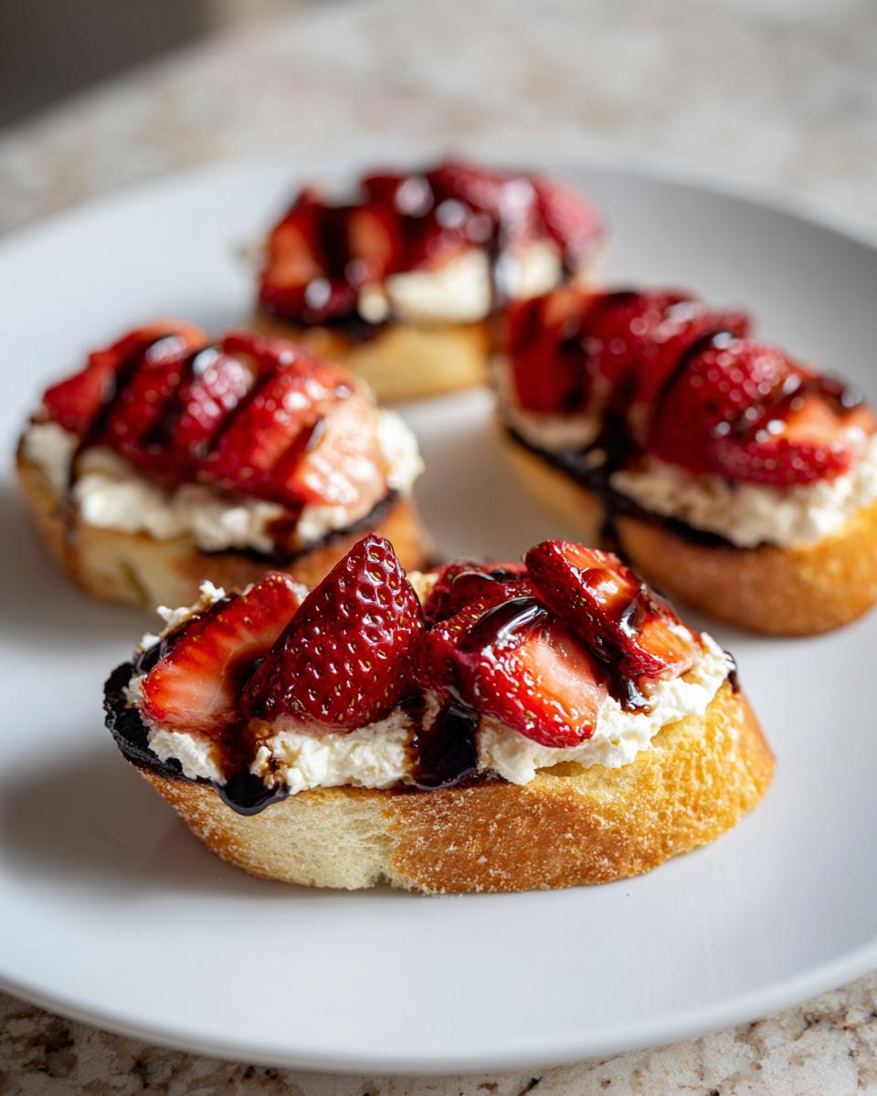 Four pieces of strawberry ricotta bruschetta topped with sliced strawberries and a dark balsamic glaze, served on a white plate.