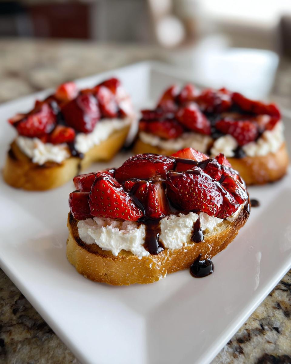 Three pieces of strawberry ricotta bruschetta topped with fresh strawberries and balsamic glaze served on a rectangular white plate.