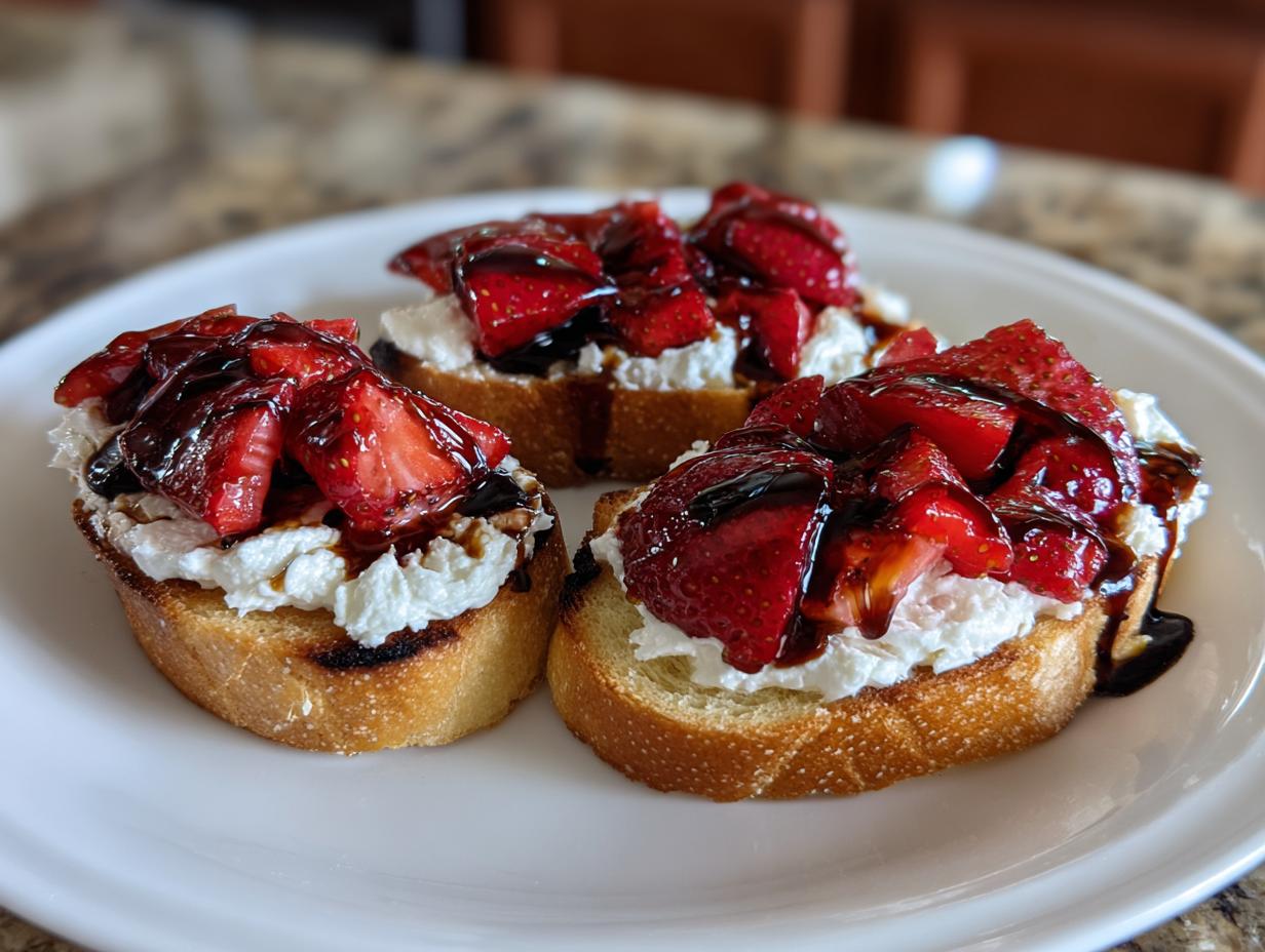 Three slices of toasted bread topped with creamy ricotta, fresh strawberries, and a balsamic glaze, making strawberry ricotta bruschetta.