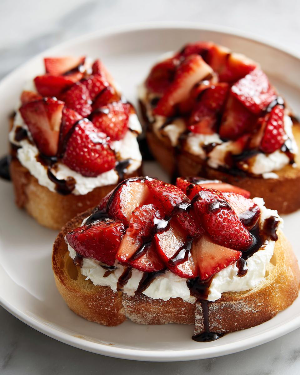Three pieces of strawberry ricotta bruschetta topped with fresh strawberries and balsamic glaze on a white plate.