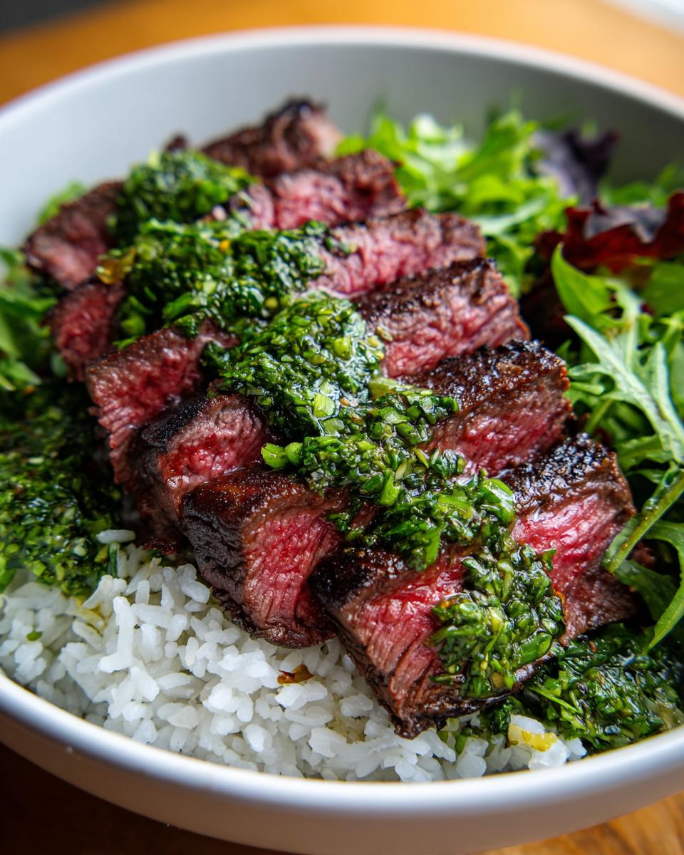 Close-up of sliced Wagyu beef steak chimichurri bowl served over white rice and mixed greens.
