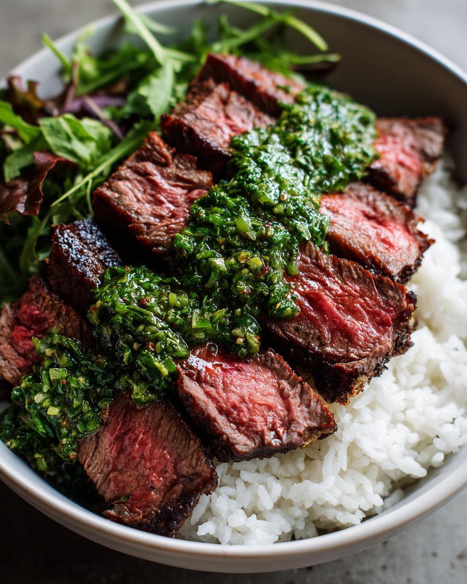 Close-up of a Wagyu beef steak chimichurri bowl featuring medium-rare sliced steak over white rice with bright green sauce.