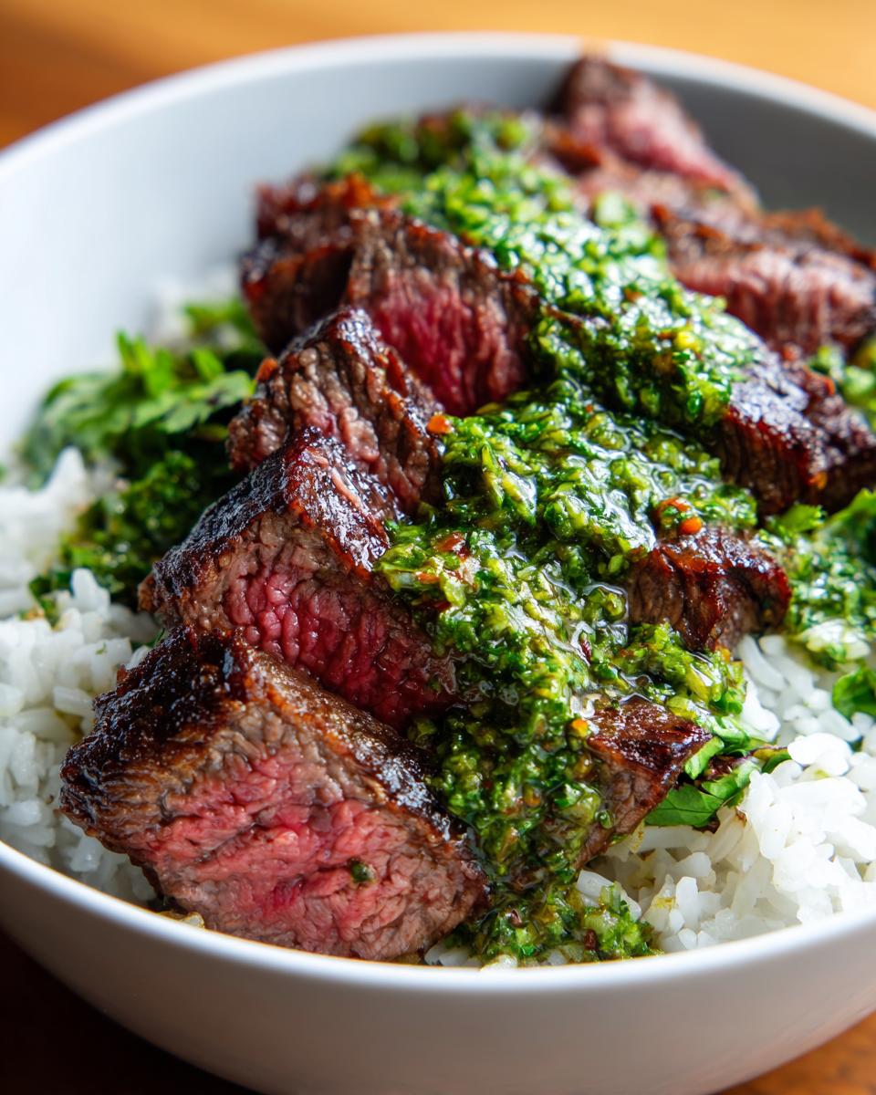 Close-up of perfectly cooked Wagyu beef steak slices topped with bright green chimichurri sauce, served over white rice in a bowl.