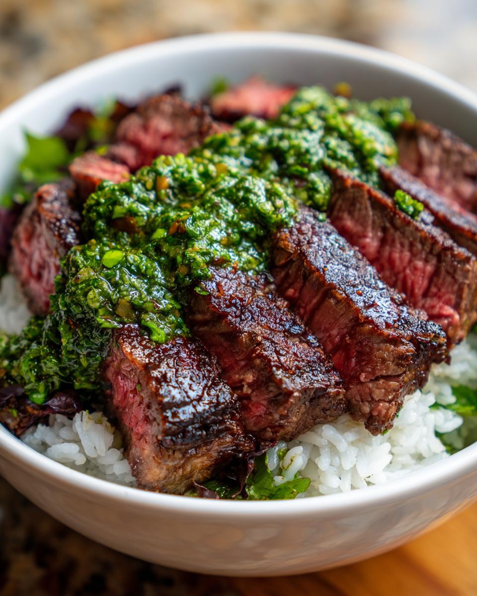 Close-up of sliced, medium-rare Wagyu beef steak chimichurri bowl served over white rice and greens.
