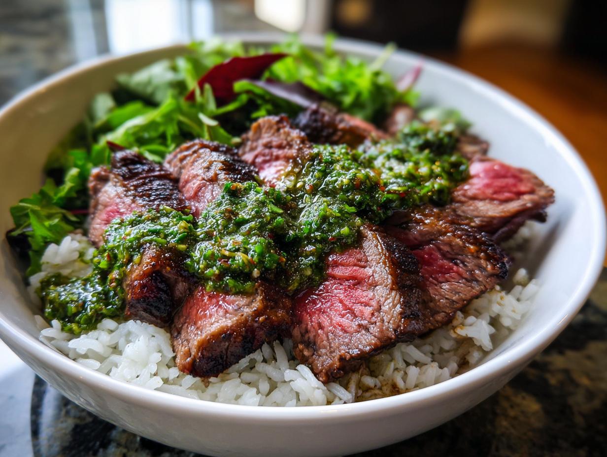 Close-up of a Wagyu beef steak chimichurri bowl featuring medium-rare sliced steak over white rice and greens.